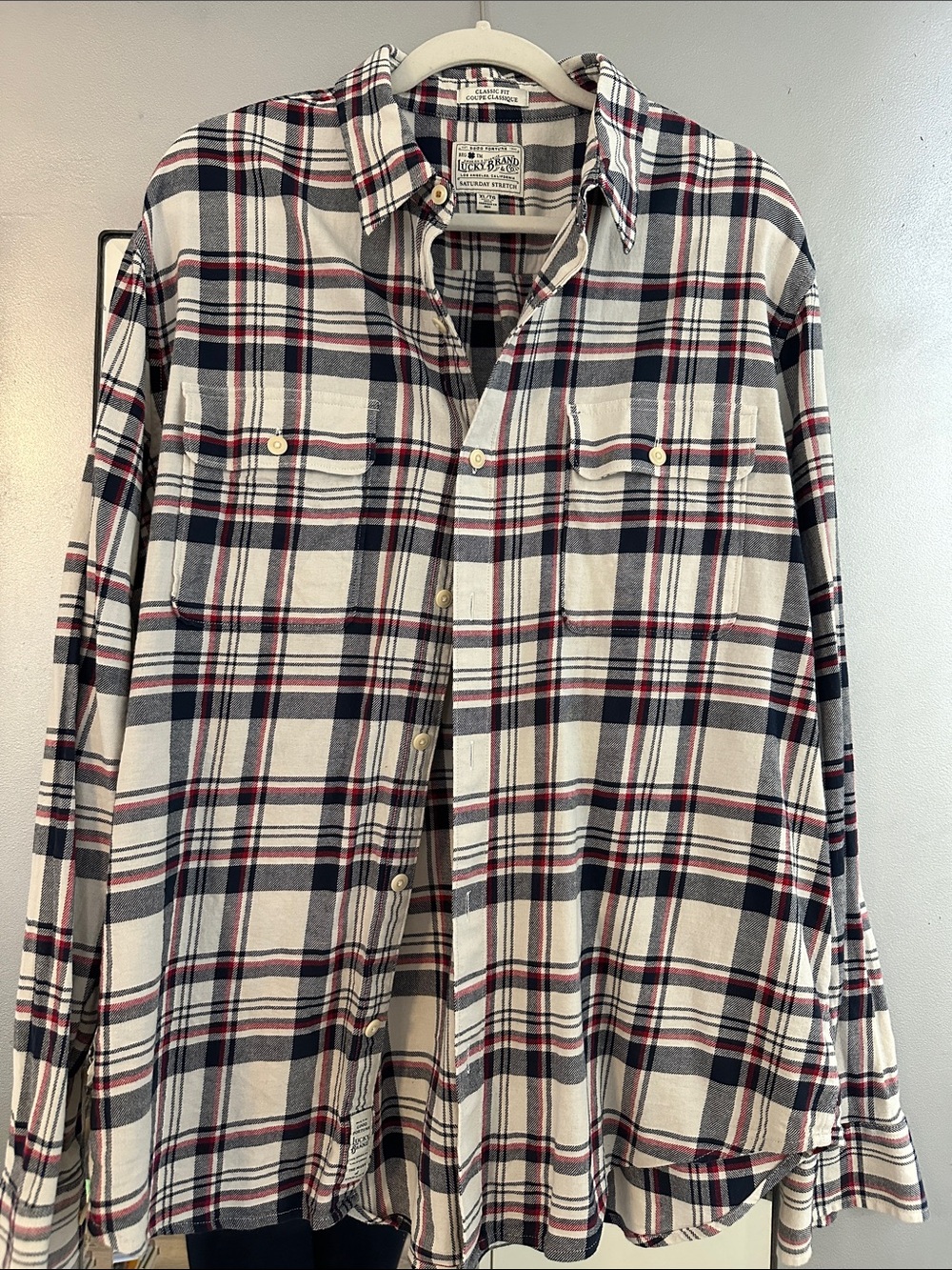 Lucky Brand Men's White Plaid Button-Down Shirt with Navy & Red